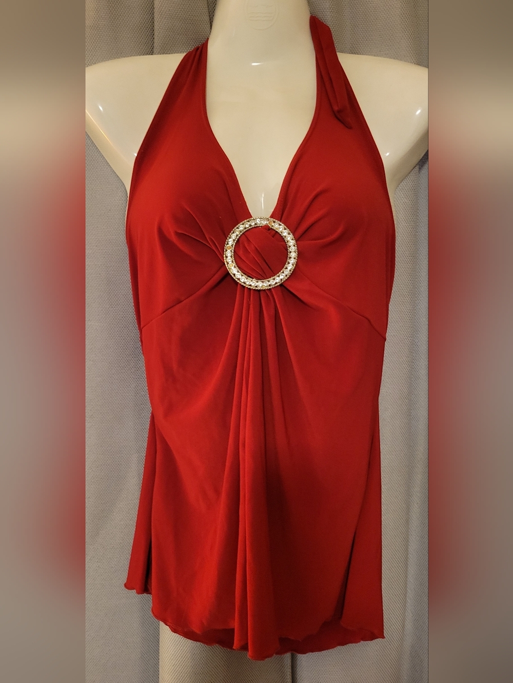 Fashion Bug Red Halter Blouse with Rhinestone Ring